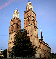 Grossmunster Church Bell Towers Zurich at Twilight